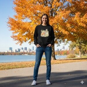 Vintage Fall Graphic Sweatshirt Womens 3X Black Autumn Harvest Pumpkin Birds